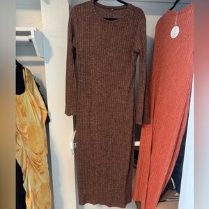Chic Long Sleeve Brown Knit Dress